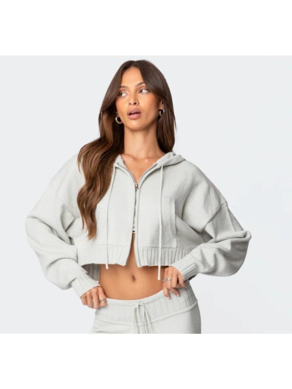 Edikted Knit Hooded Cardigan Medium Light Gray Cropped Zip Up Hoodie
